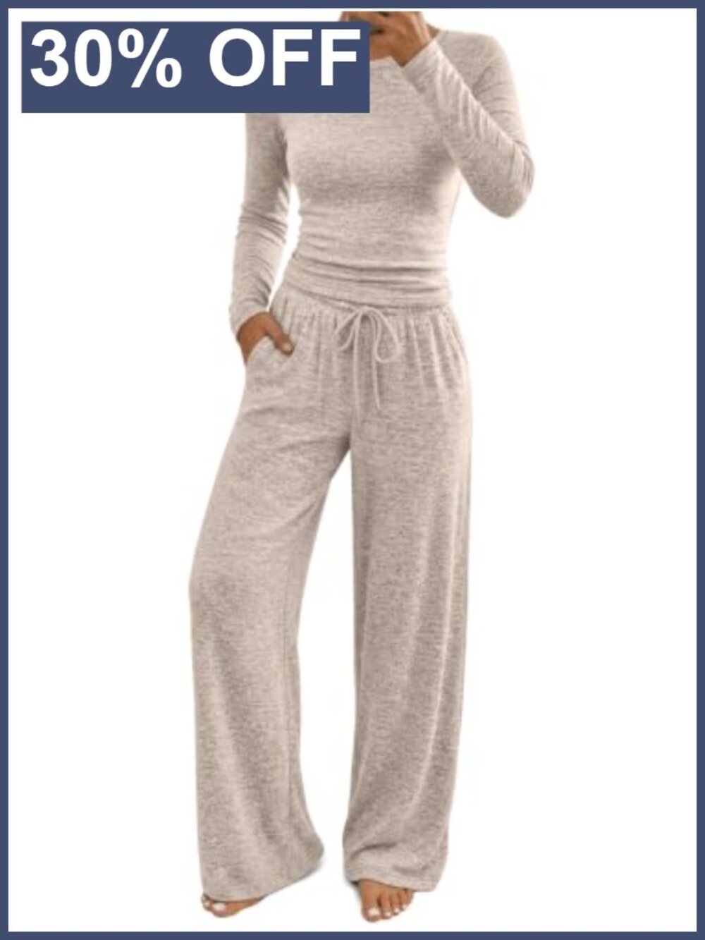Rayon Blend 2 Piece Lounge Set Long Sleeve Top Wide Leg Drawstring Pants
